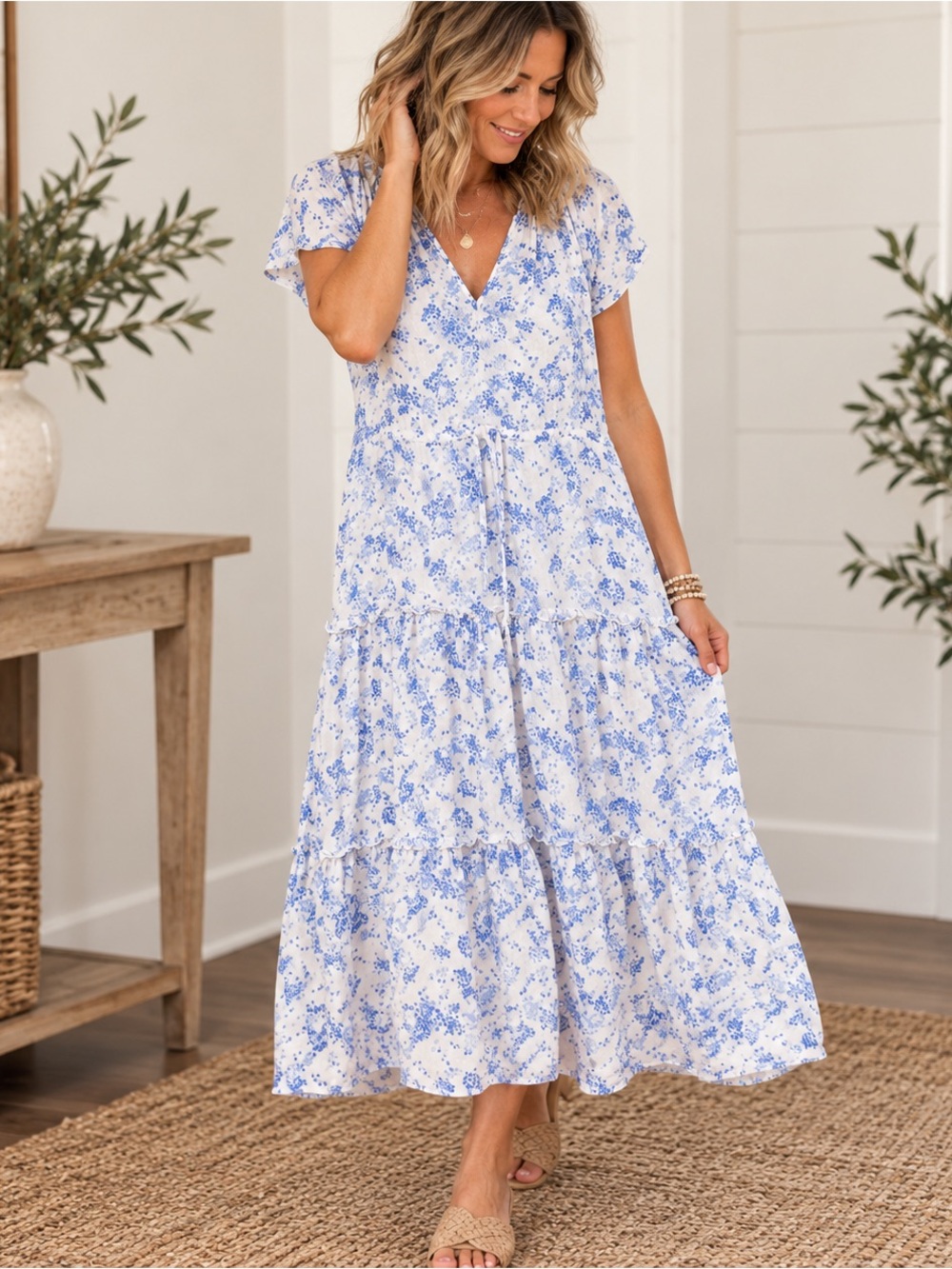 Rails Blue Blossom Floral Tiered Midi Dress XS Cotton Boho Cottagecore